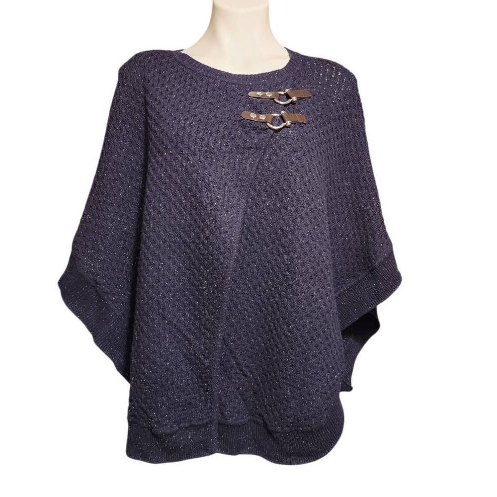 Talbots knit sweater poncho shawl navy‎ blue buckle medium